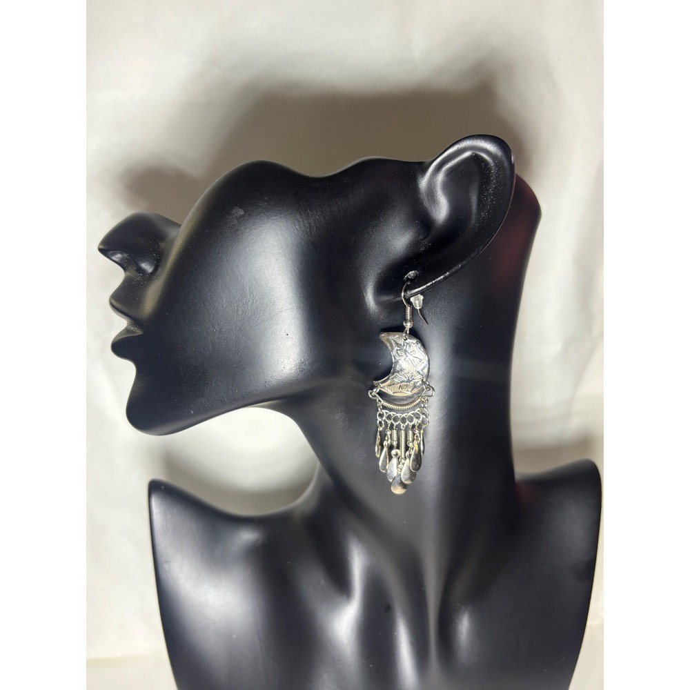 Silver Tone Crescent Moon Dangle Earrings Celestial Boho Drop Charms - Picture 2 of 5